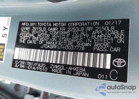 2017 Toyota Prius Two from USA, damaged, VIN JTDKBRFU1H3037778